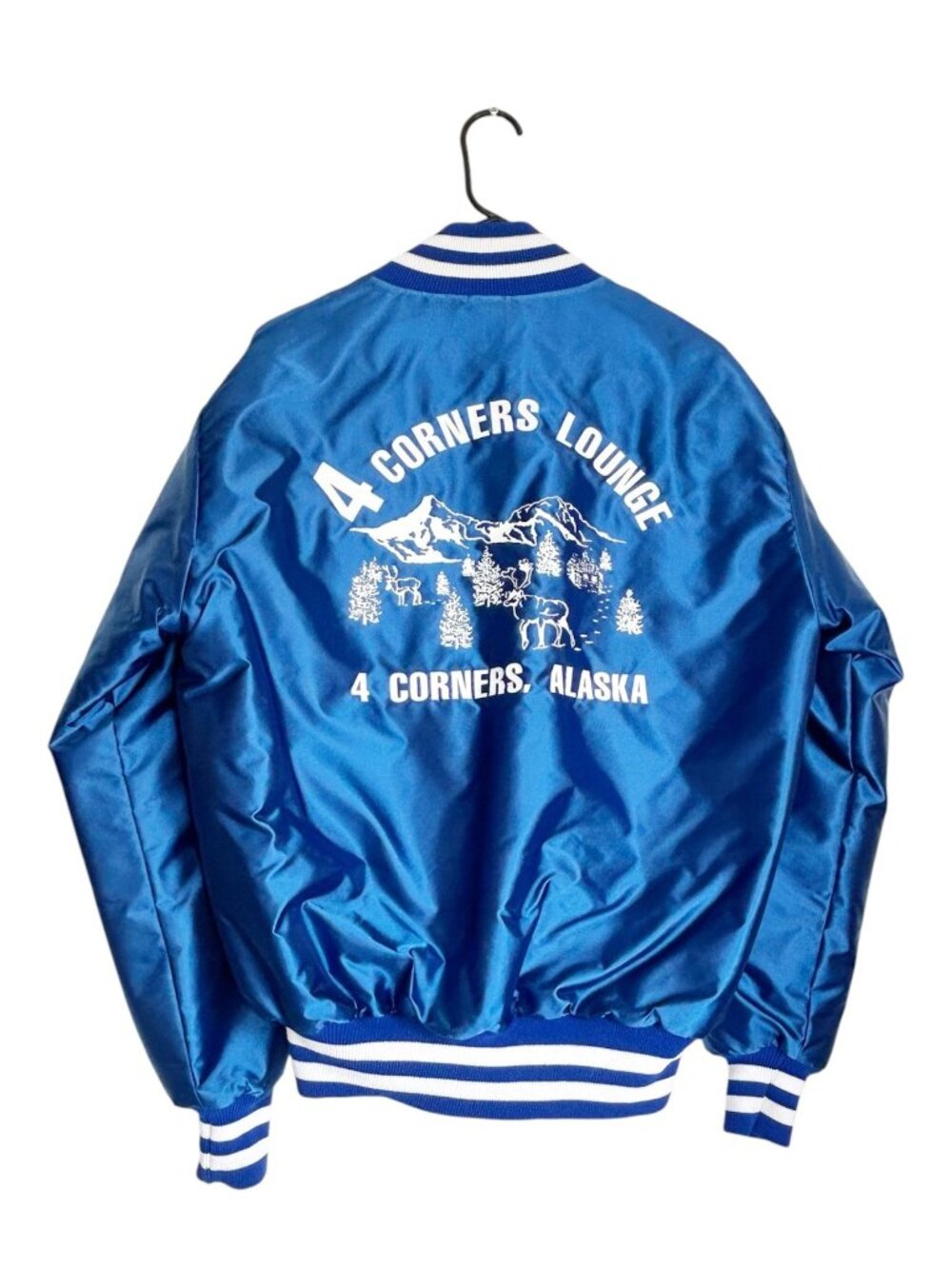 Vintage DeLong Four Corners Lounge Alaska Blue Satin Bomber Jacket - Sz M